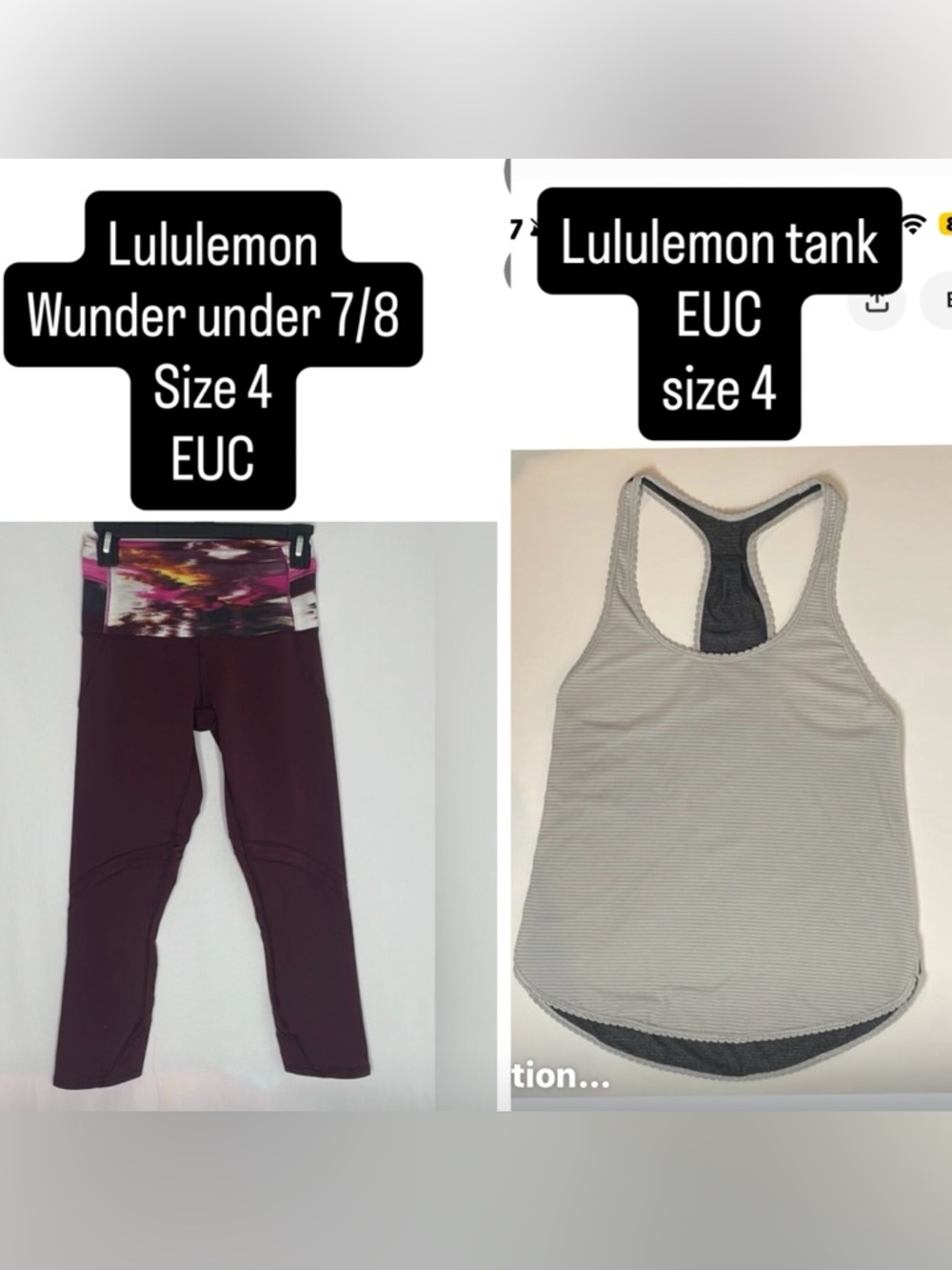Lululemon workout outfit bundle of wunder under leggings and tank top size 4